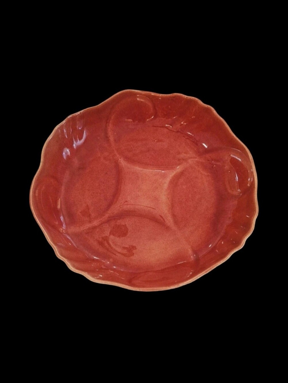 Vintage MCM California Pottery Salmon Pink Swirl Scalloped Round Platter